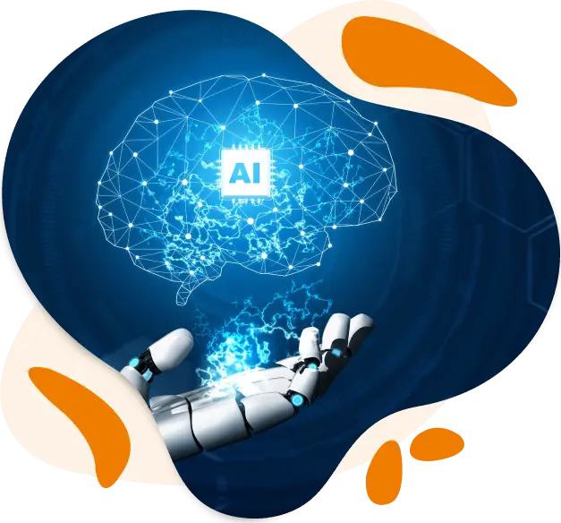 This graphic depicts a robotic hand extended upwards, holding a glowing, interconnected neural network shaped like a human brain. In the center of the brain is a microchip labeled "AI." The background features a dark blue, digital theme with circuit patterns, and the entire image is framed with abstract orange and white shapes.