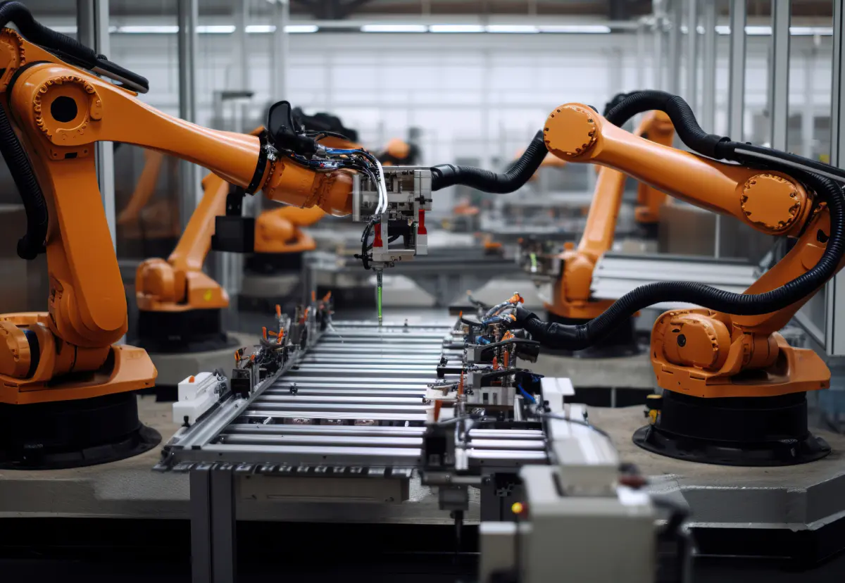 This graphic shows an industrial setting featuring multiple robotic arms, all engaged in a manufacturing or assembly process. The robotic arms are orange and equipped with various tools, working on a production line with precision and coordination. The background suggests a modern, automated factory environment with advanced machinery. The overall scene highlights the role of robotics and automation in modern manufacturing, emphasizing efficiency, precision, and technological advancement.